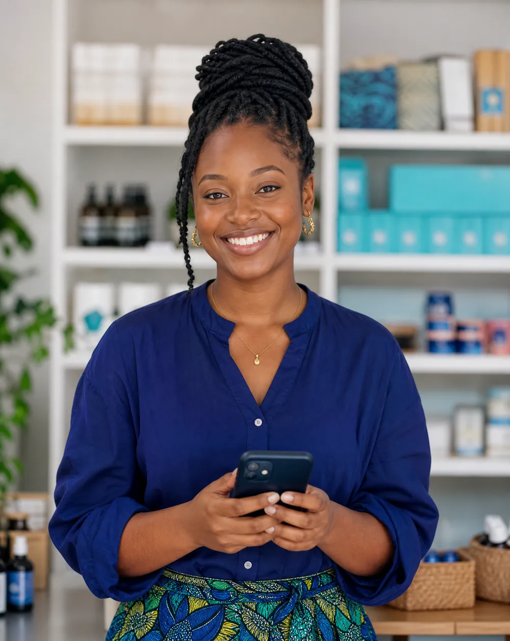 A Ghanaian shop owner smiling and holding her phone in her retail shop.