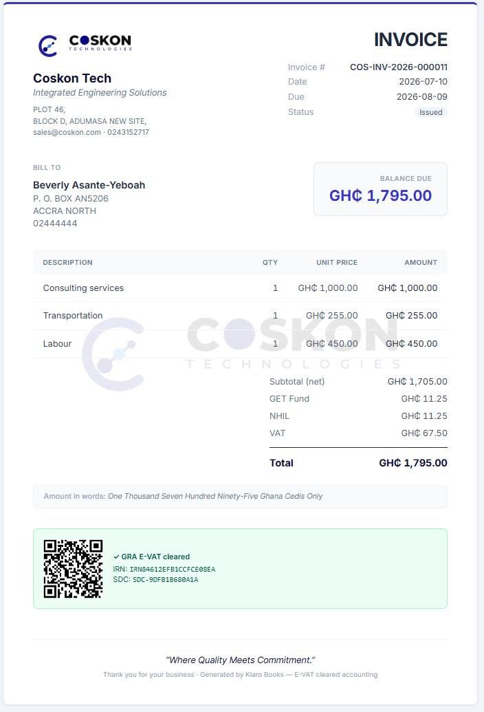 A Klaro Books invoice for GH¢1,795.00 from Coskon Technologies to Beverly Asante-Yeboah — per-line VAT treatment and the 2026 levies, with a sandbox E-VAT block showing an IRN, SDC code and QR, footer reading 'Generated by Klaro Books'.