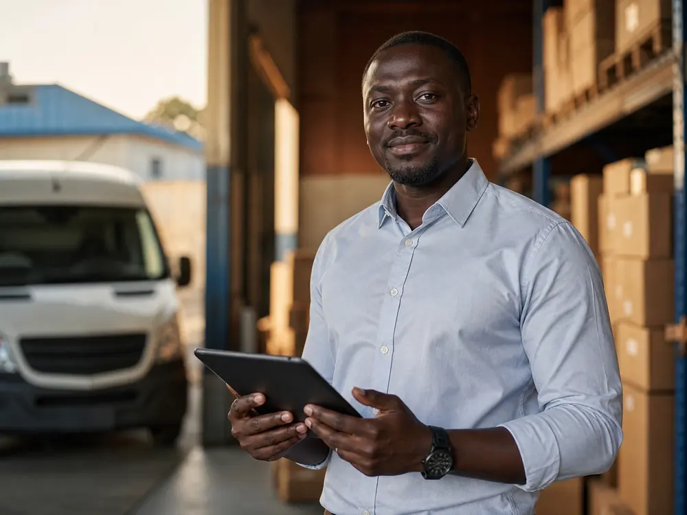 A Ghanaian distribution-business owner holding a tablet in front of stacked stock and a delivery van.