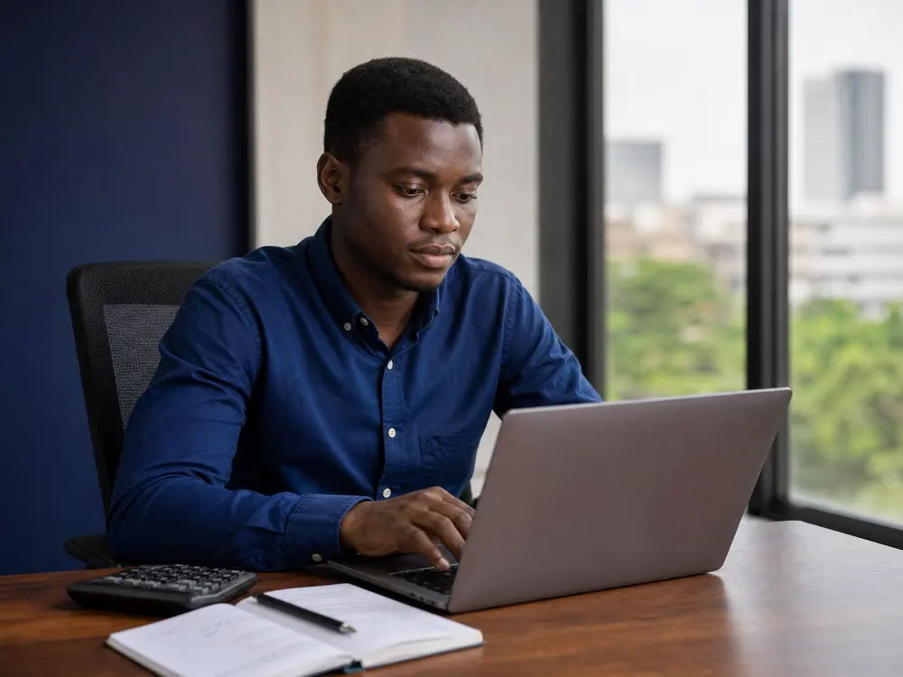 A Ghanaian accountant reviewing figures on a laptop in a modern Accra office.